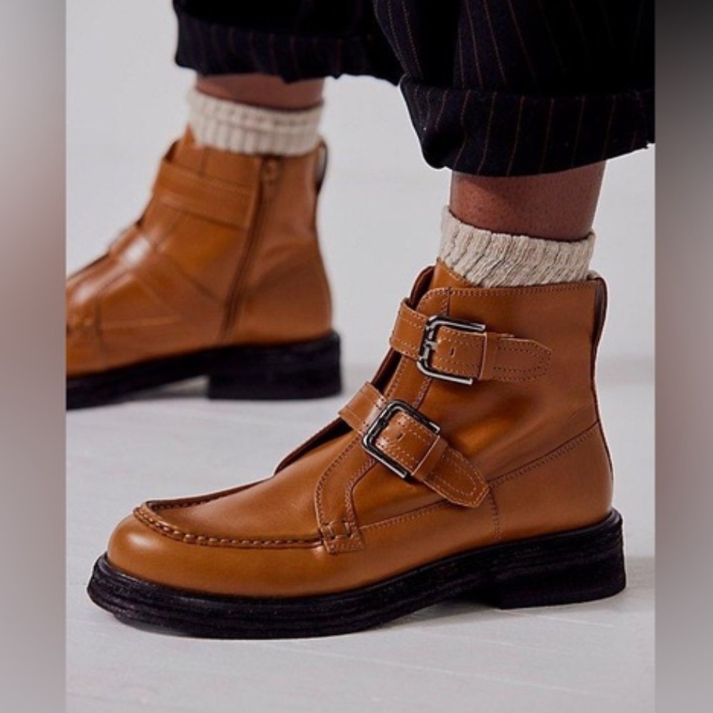 Free People Brown Double-Buckle Isla Moto Ankle Boots Leather Sz 10 - Picture 2 of 13